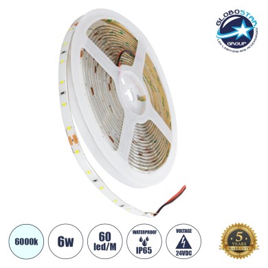 GLOBOSTAR® LILAC 70300 Ταινία LED 6W-m 660lm-m 120° DC 24V Αδιάβροχη IP65 60 x SMD2835 Chip-m Ψυχρό Λευκό 6000K Dimmable - Sanan SMD Chip - Μ500 x Π0.8 x Υ0.2cm - Ρολό 5 Μέτρων - 5 Χρόνια Εγγύηση